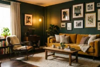 An eclectic living room with forest green walls, a mustard velvet sofa, a rustic wood coffee table, and mixed metal accents.
