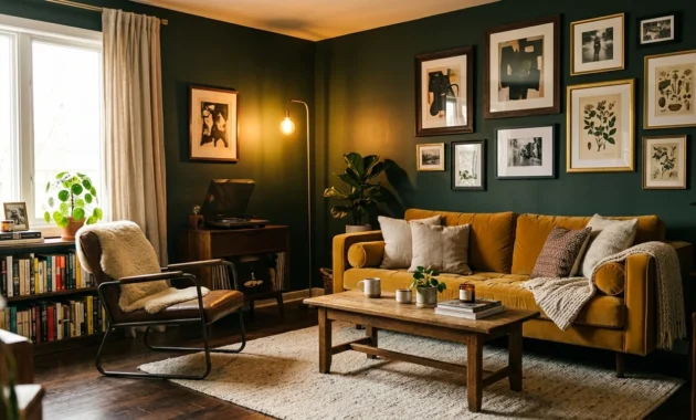 An eclectic living room with forest green walls, a mustard velvet sofa, a rustic wood coffee table, and mixed metal accents.