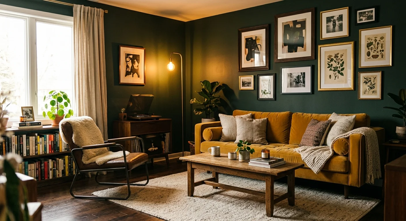 An eclectic living room with forest green walls, a mustard velvet sofa, a rustic wood coffee table, and mixed metal accents.