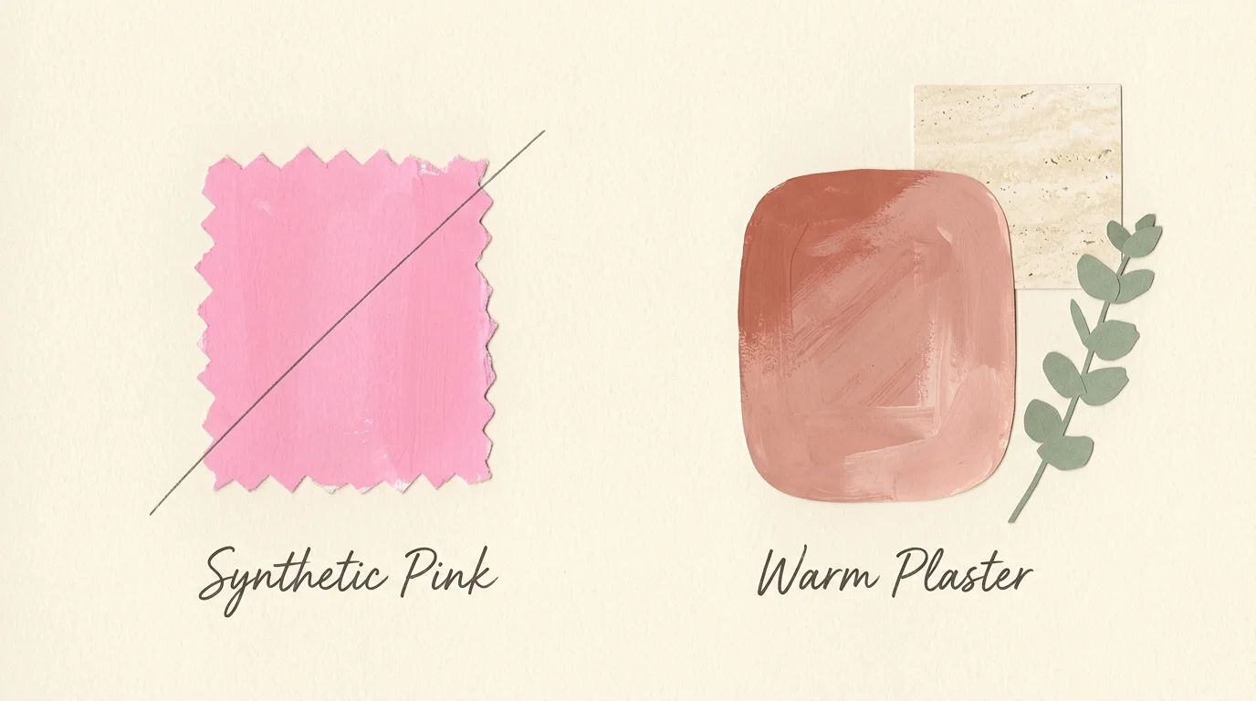 An editorial collage comparing a crossed-out bubblegum pink swatch with an earthy, warm plaster pink swatch.
