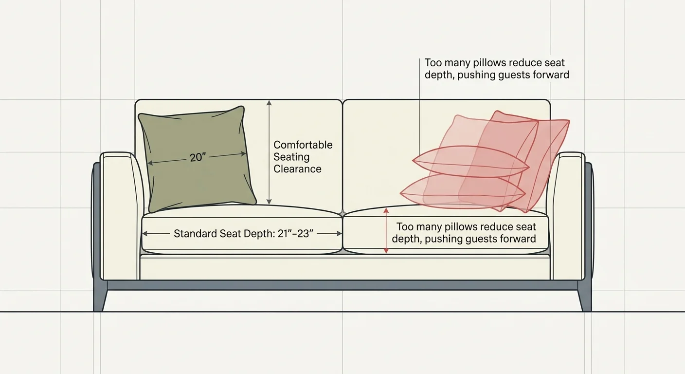 An editorial cross-section diagram showing standard sofa seat depth and correct clearance for decorative throw pillows.