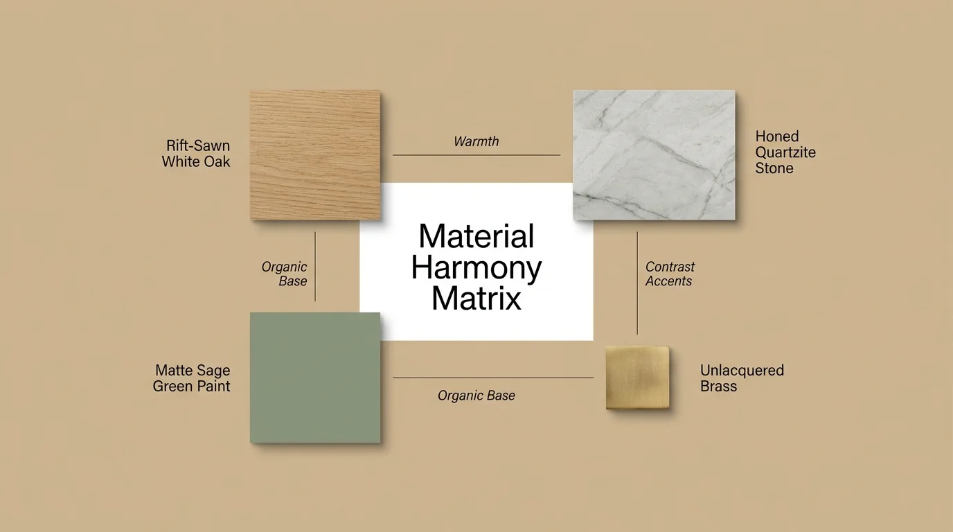 An editorial design moodboard diagram showing swatches of white oak, quartzite, sage green paint, and brass.