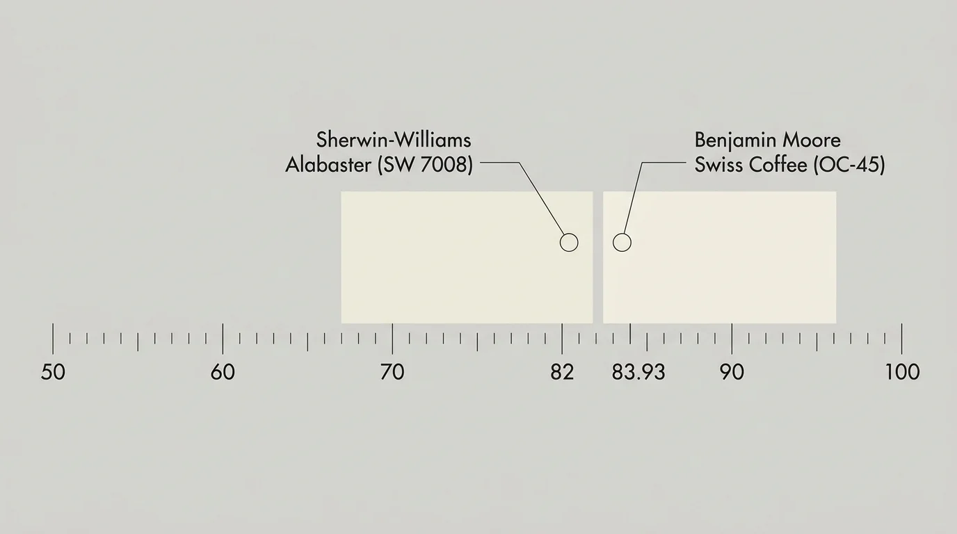 An editorial diagram comparing the Light Reflectance Values (LRV) of Sherwin-Williams Alabaster (82) and Benjamin Moore Swiss Coffee (83.93)