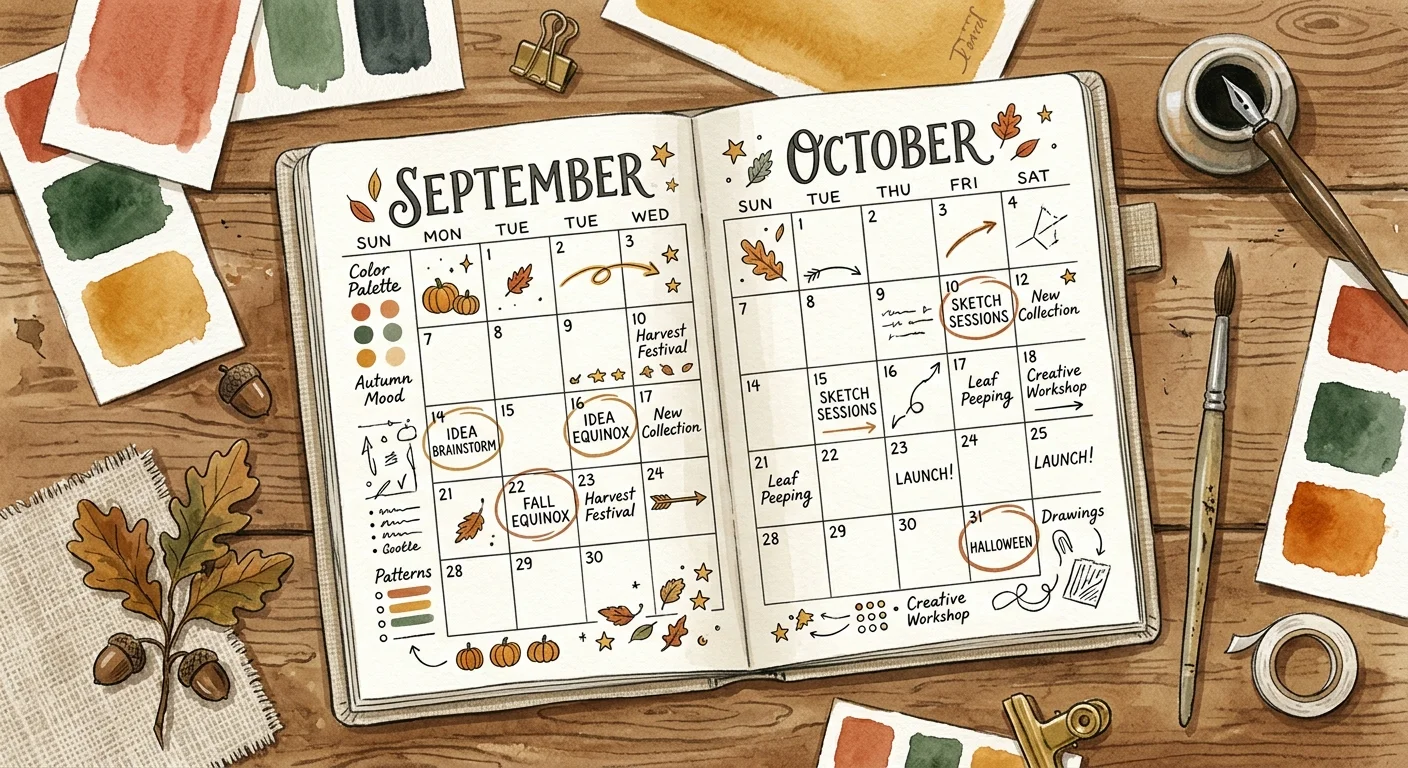 An editorial illustration of an open paper planner with calendar pages, sketches, and autumn color swatches on a wooden desk.