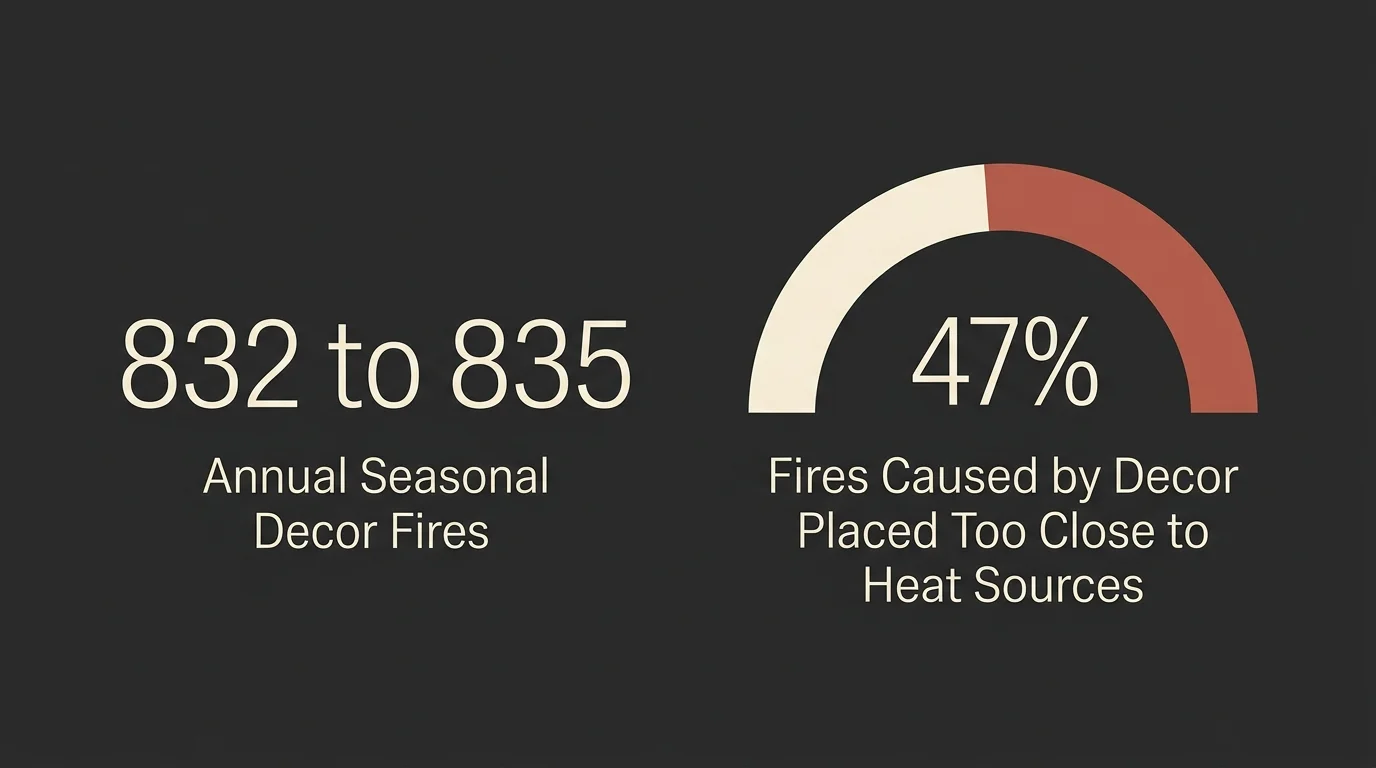 An editorial infographic displaying seasonal fire safety statistics including 832 to 835 annual fires and the 47 percent cause factor.