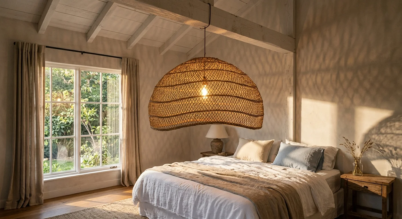 An editorial photo of a large woven rattan pendant lamp hanging from white-washed ceiling beams, casting shadows on a bed below.