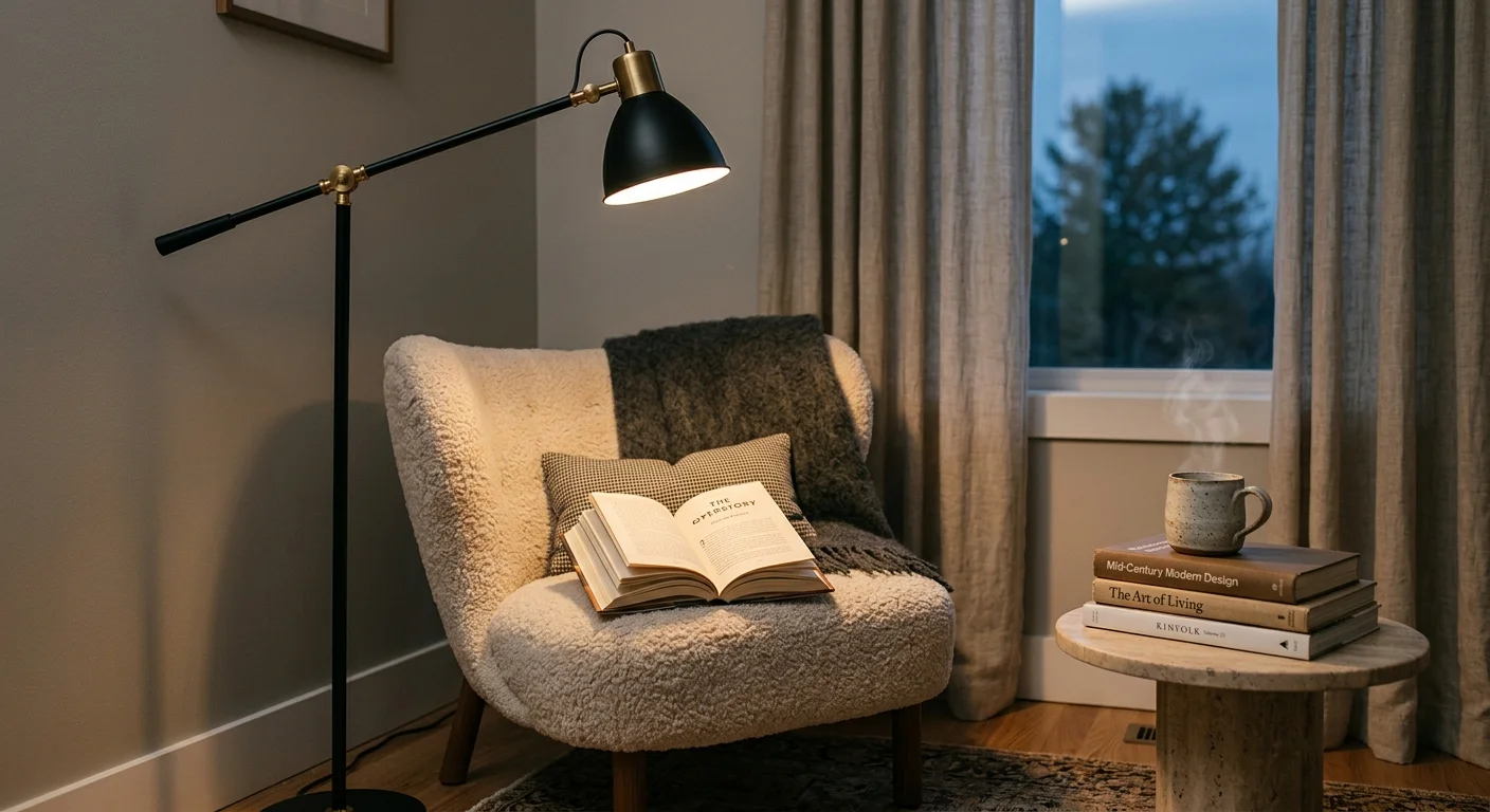 An editorial photo of a modern black-and-brass articulated floor lamp next to a cozy cream boucle reading chair in a bedroom corner.