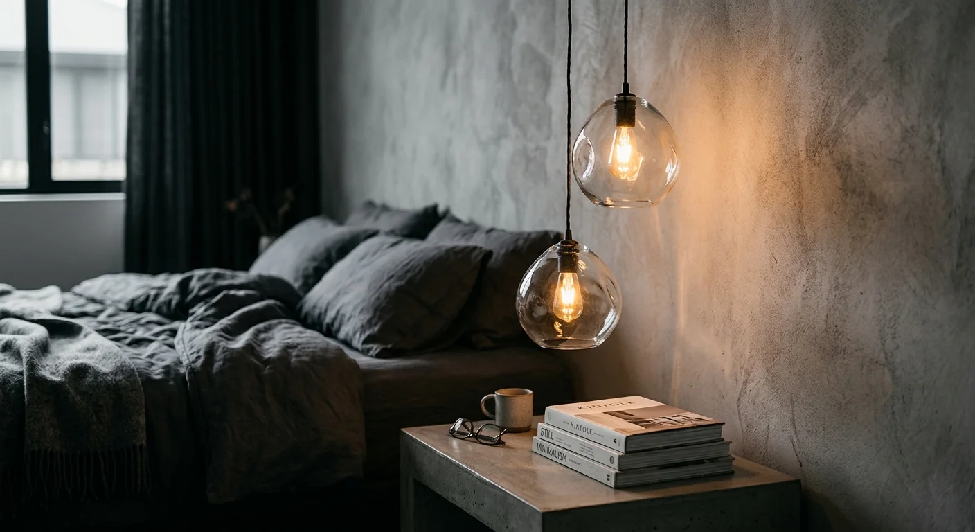 An editorial photo of two clear blown-glass pendant lights hanging at asymmetrical heights over a sleek concrete bedside table.