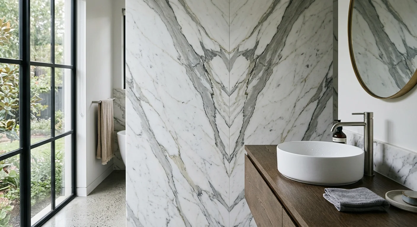 An editorial photograph of a luxury bathroom featuring a dramatic book-matched Calacatta marble accent wall behind a vanity.