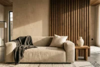 An editorial photograph of a modern living room featuring a split-texture accent wall of vertical oak slats and warm beige plaster.