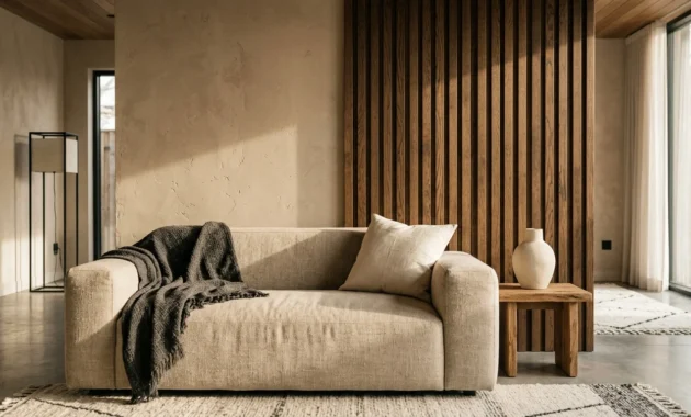 An editorial photograph of a modern living room featuring a split-texture accent wall of vertical oak slats and warm beige plaster.