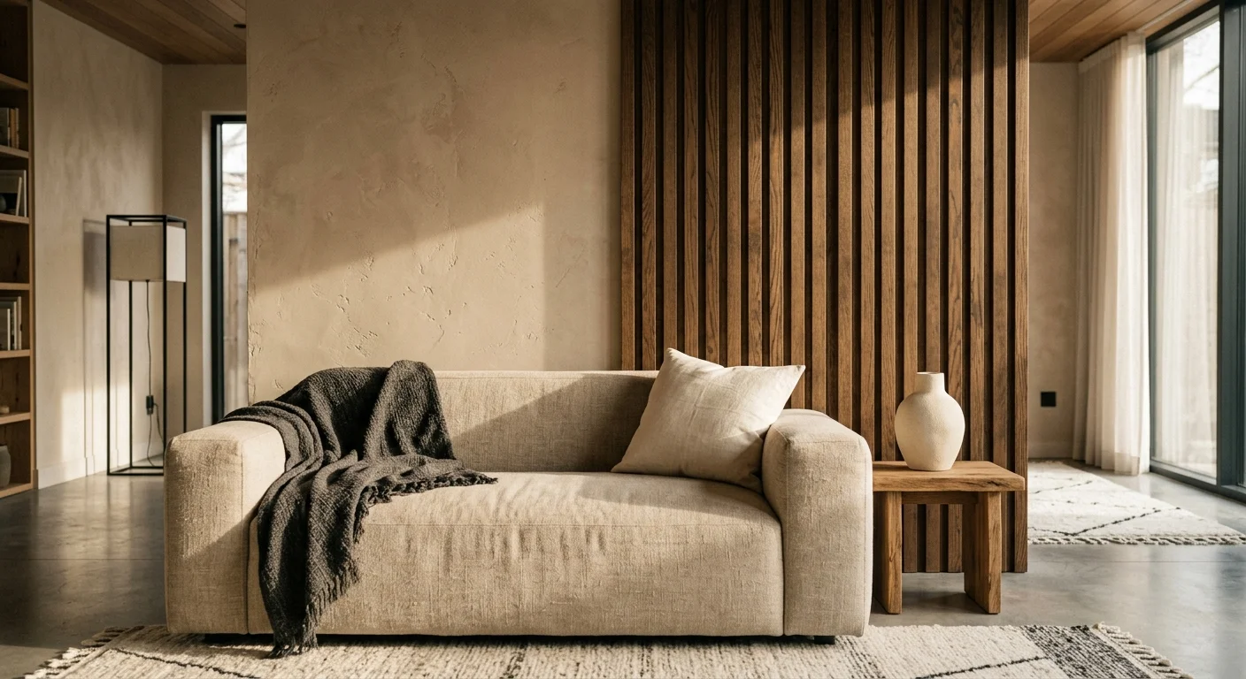An editorial photograph of a modern living room featuring a split-texture accent wall of vertical oak slats and warm beige plaster.