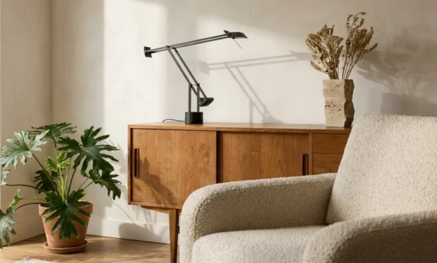 An editorial photograph of a sunny living room corner featuring a vintage teak credenza, a travertine vase, and a cream bouclé chair.