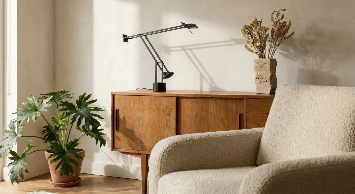 An editorial photograph of a sunny living room corner featuring a vintage teak credenza, a travertine vase, and a cream bouclé chair.