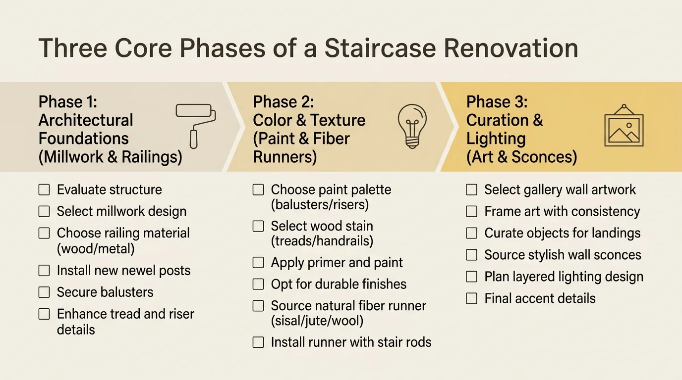 An editorial planning diagram displaying the three phases of a staircase remodel: Foundations, Color & Texture, and Curation & Lighting.