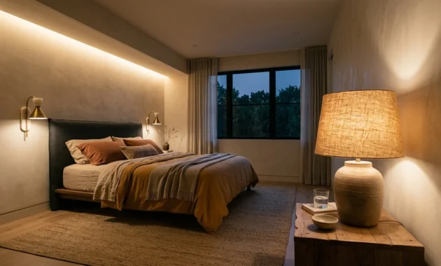An editorial twilight photo of a modern master bedroom showcasing layered lighting: cove lighting, a bedside sconce, and a table lamp.