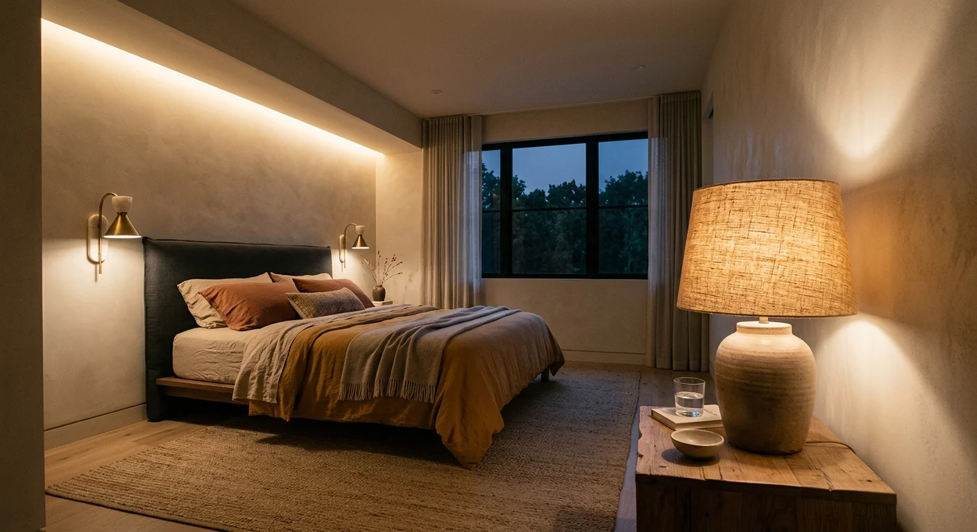 An editorial twilight photo of a modern master bedroom showcasing layered lighting: cove lighting, a bedside sconce, and a table lamp.