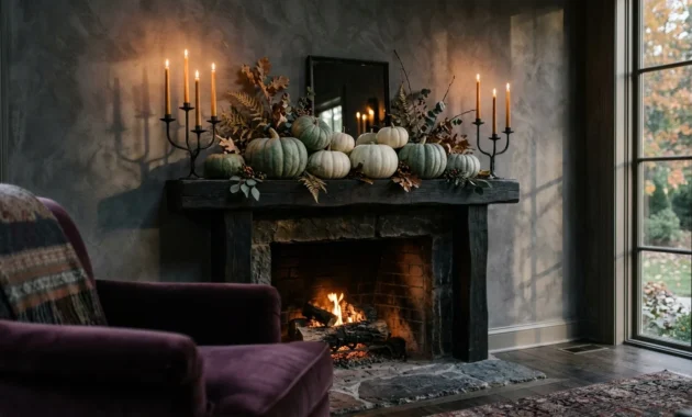 An elegant fireplace mantel styled for autumn with heirloom pumpkins and black candelabras in warm, moody ambient light.