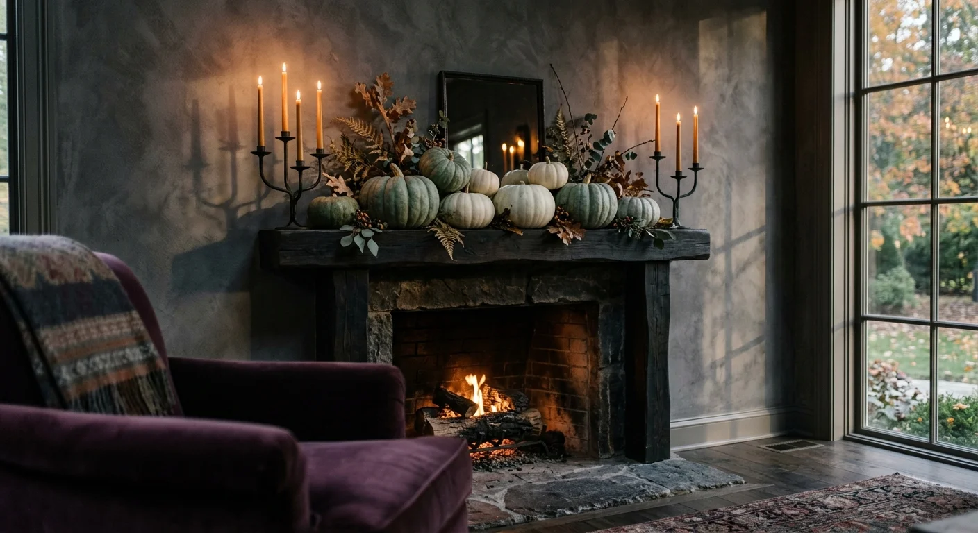 An elegant fireplace mantel styled for autumn with heirloom pumpkins and black candelabras in warm, moody ambient light.