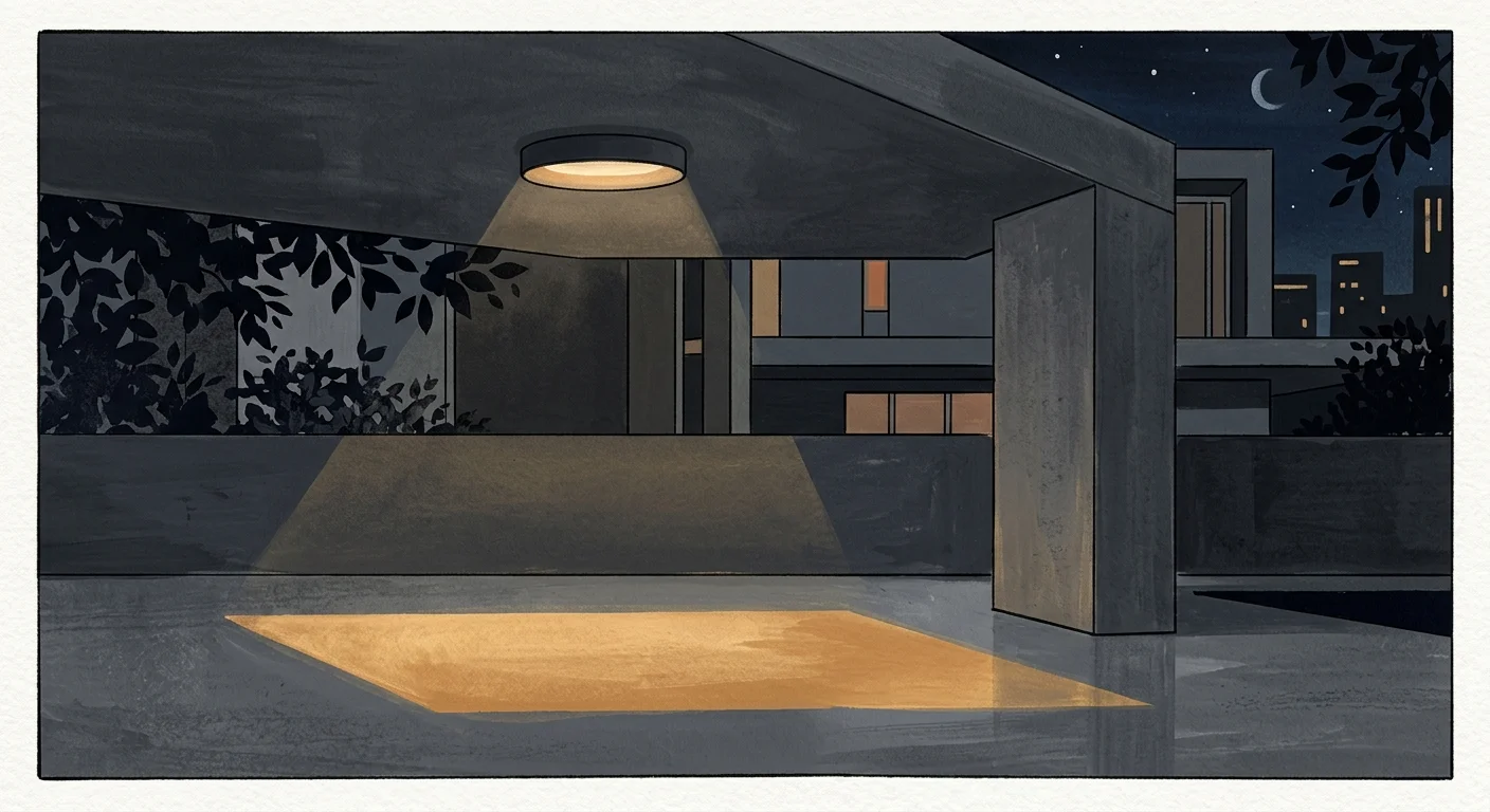 An elegant gouache illustration of a modern charcoal portico with a matching monochromatic flush-mount light.