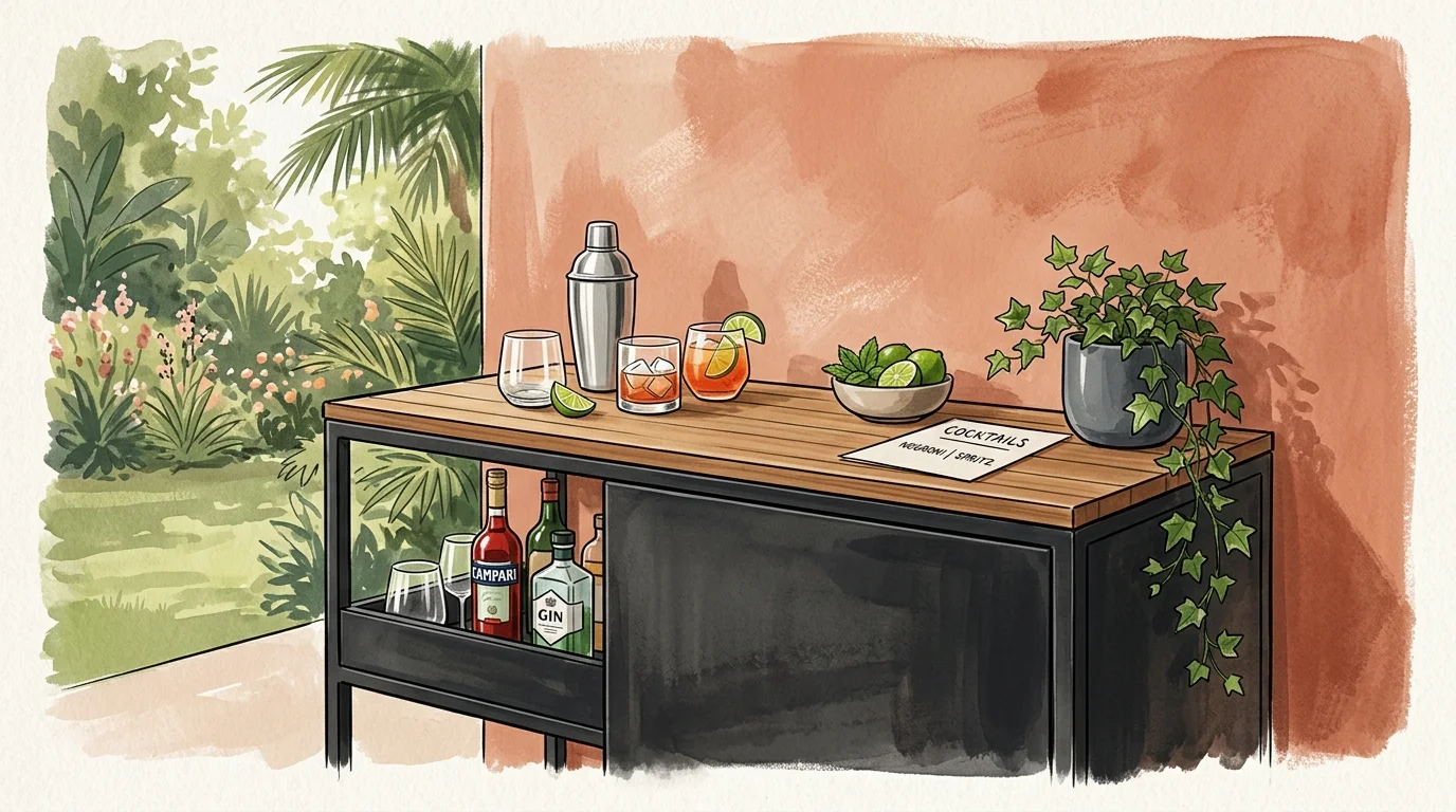 An elegant gouache illustration of a modern, compact black steel and teak cocktail console against a warm terracotta wall.