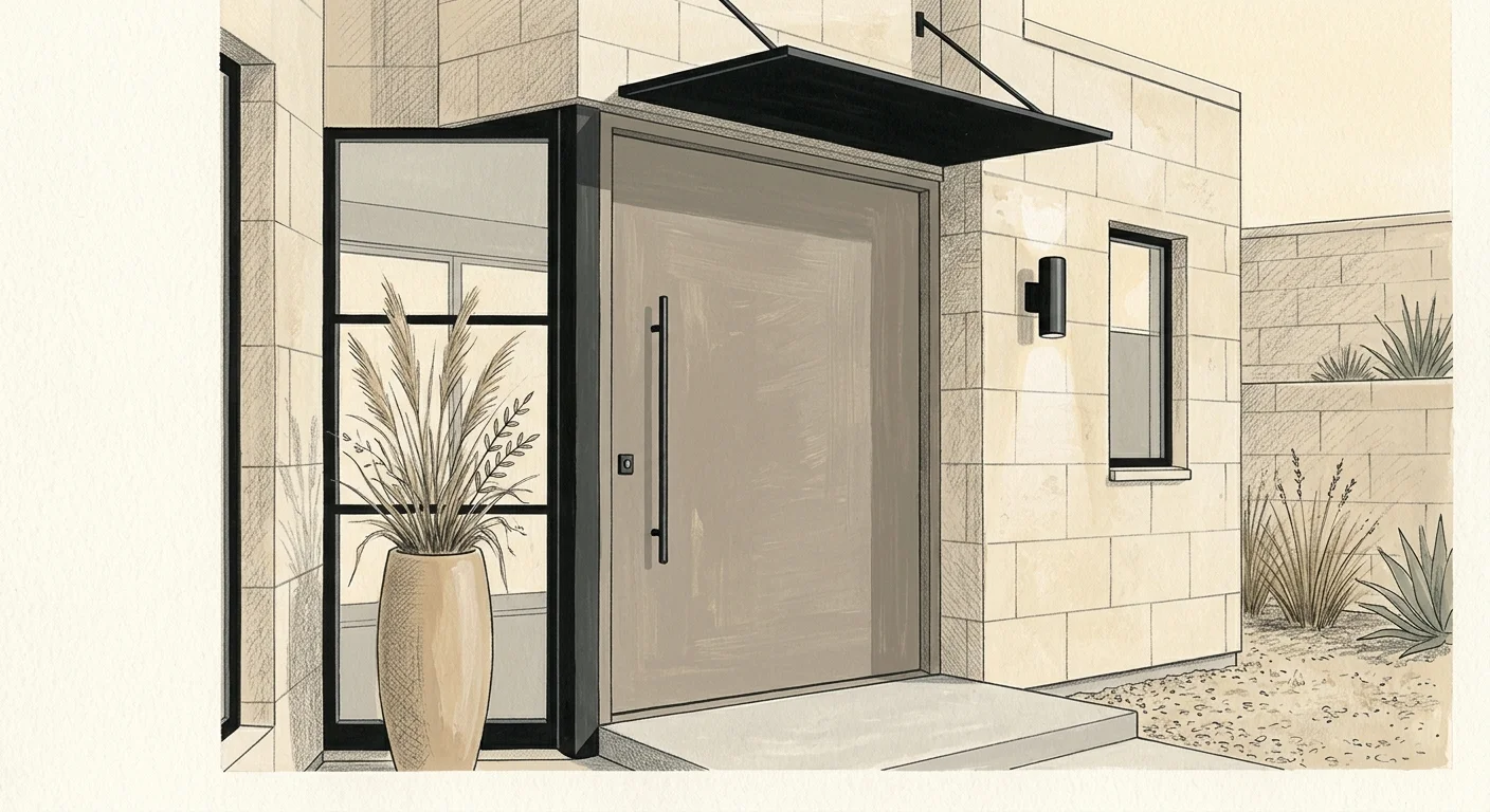 An elegant gouache illustration of a modern minimalist home entrance featuring an earthy greige pivot door.
