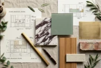 An elegant interior designer's flat-lay collage featuring swatches of marble, brass, green glass, reclaimed brick, and oak beadboard.