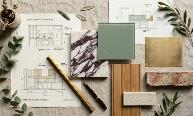 An elegant interior designer's flat-lay collage featuring swatches of marble, brass, green glass, reclaimed brick, and oak beadboard.