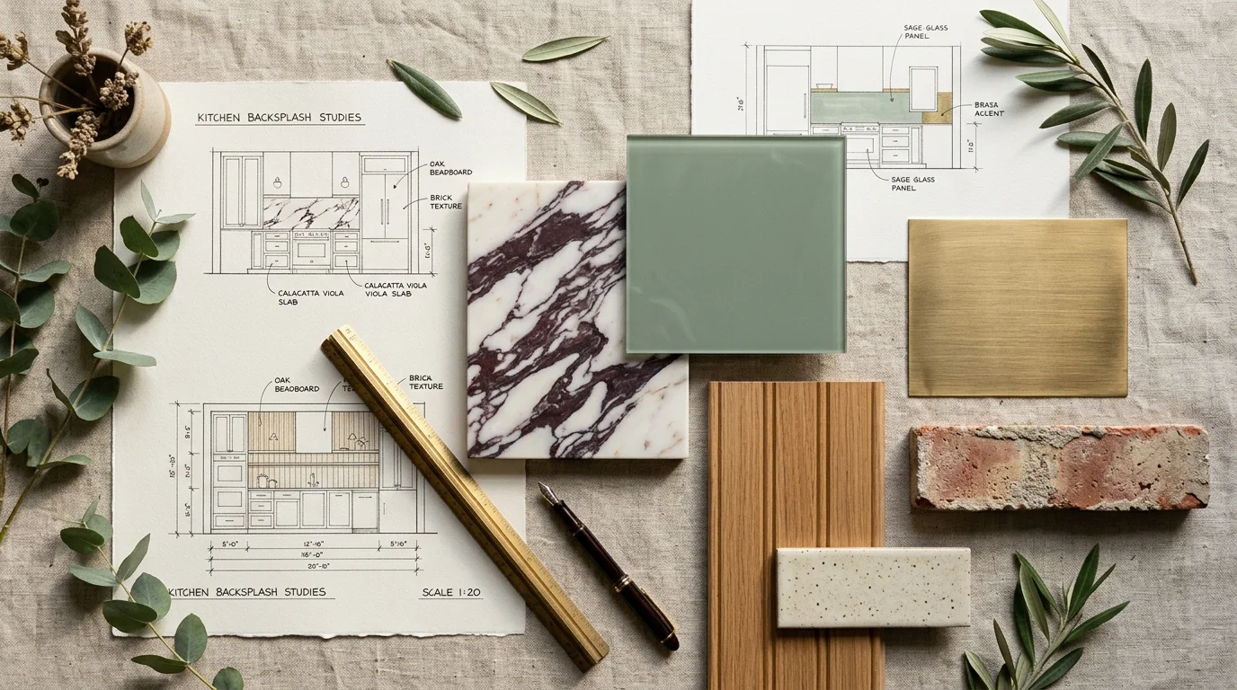 An elegant interior designer's flat-lay collage featuring swatches of marble, brass, green glass, reclaimed brick, and oak beadboard.