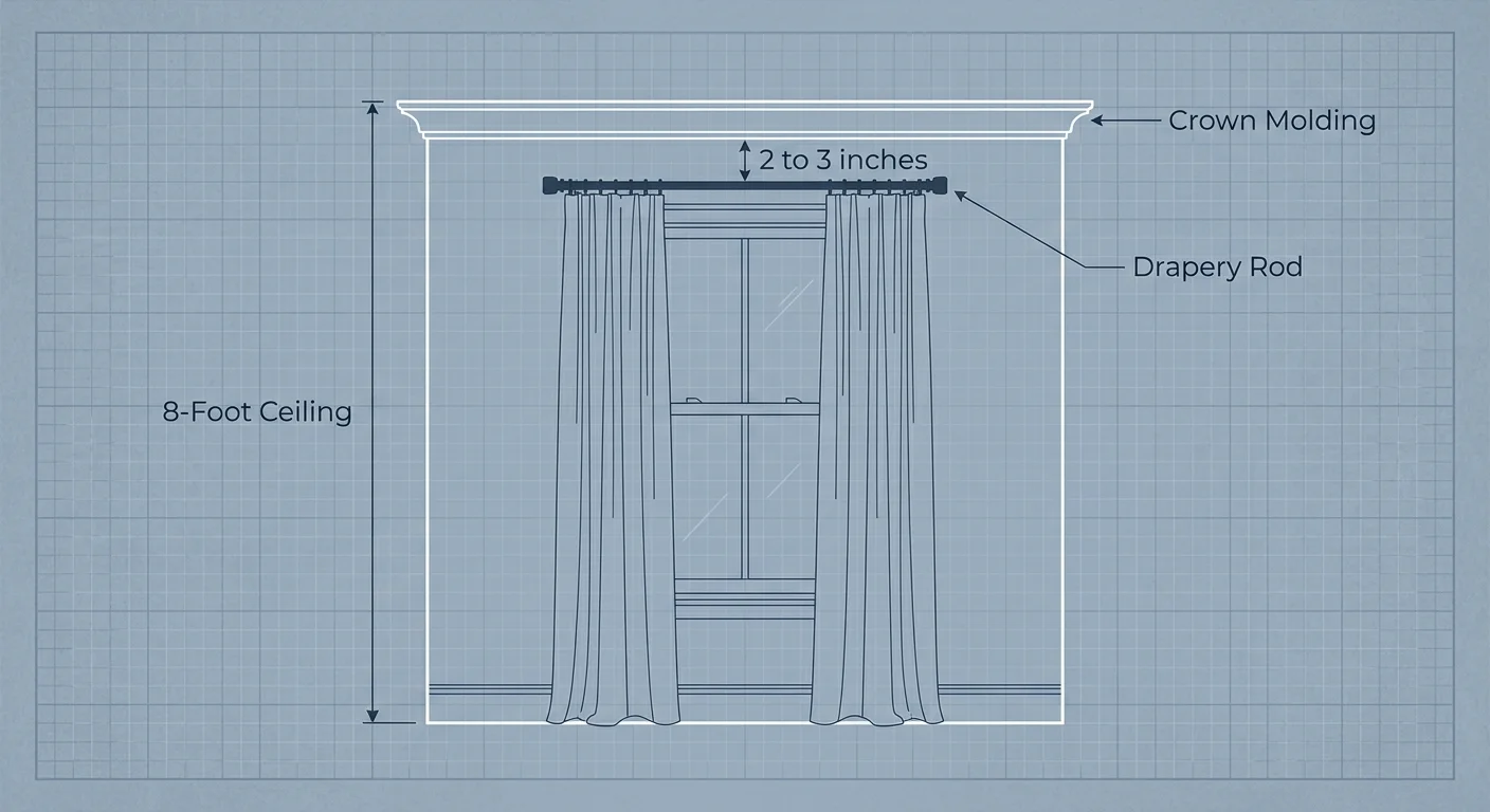 An elegant line diagram showing how to mount a drapery rod 2 to 3 inches below the crown molding on an 8-foot ceiling.