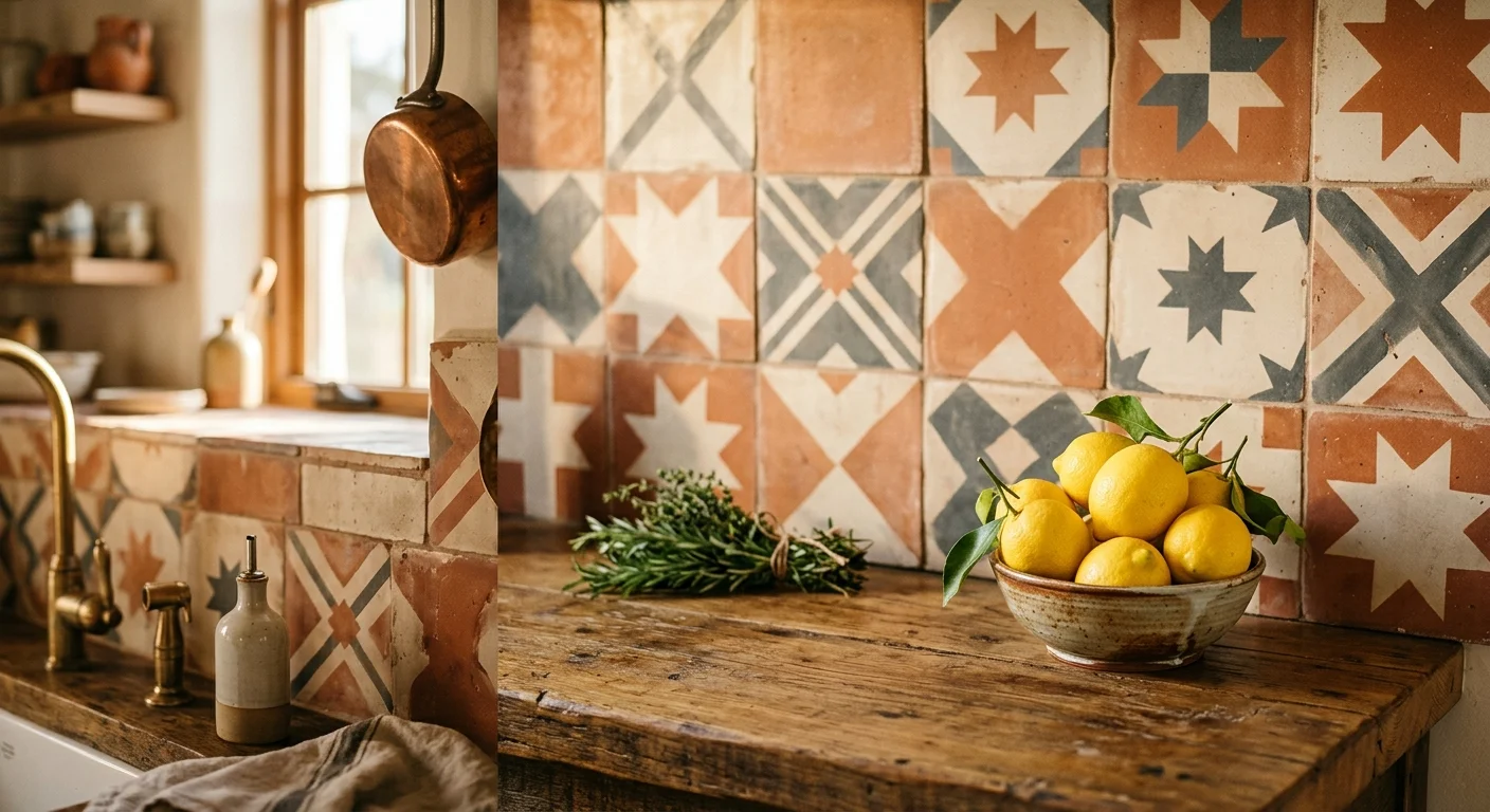 An encaustic geometric tile backsplash in terracotta and cream, with fresh lemons on a rustic wood countertop in warm afternoon light.