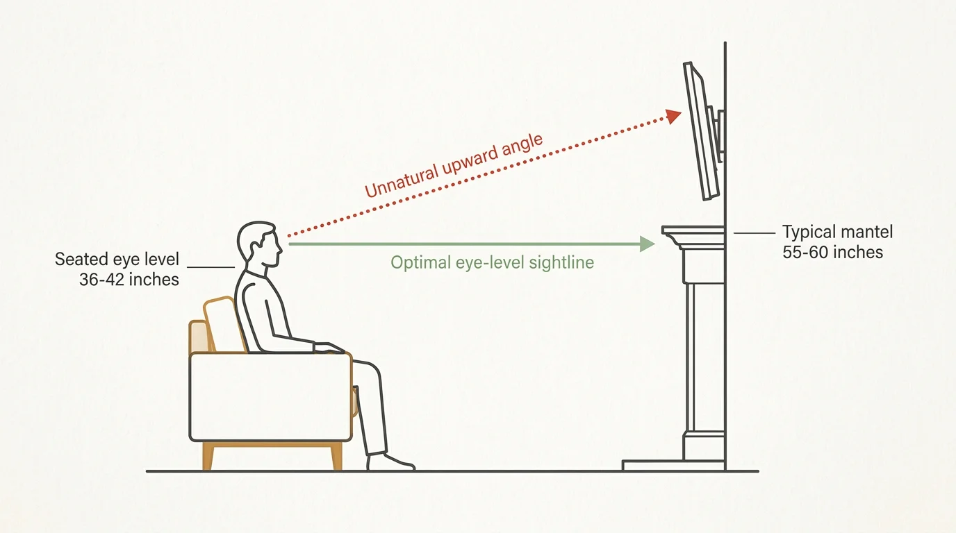 An ergonomic side-view diagram comparing healthy seated eye-level sightlines with the steep angle of a high-mantel mounted TV.