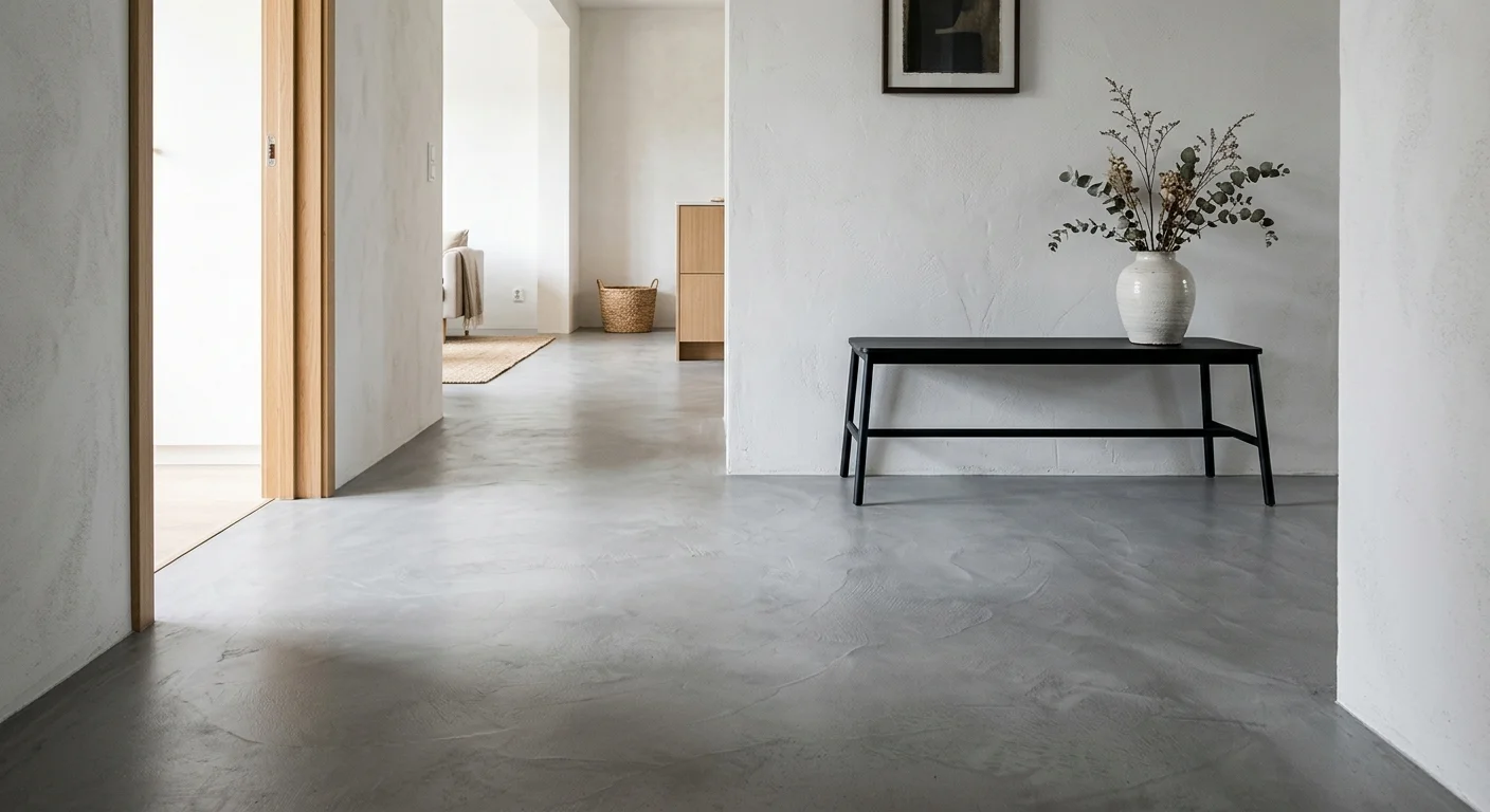 An expansive hallway with seamless grey poured microcement flooring and a minimalist bench under soft morning light.