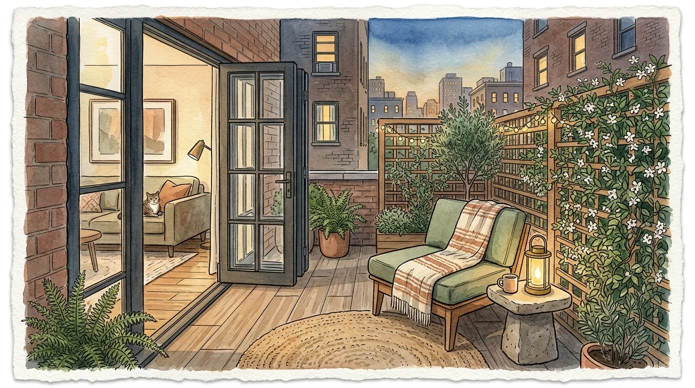 An illustrated bird's-eye view of a cozy small patio combining comfortable seating, lush greenery, and warm, inviting lighting.