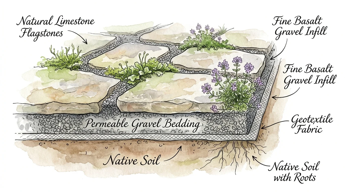 An illustrated cross-section of permeable flagstone paving with native creeping thyme growing in the gravel joints.