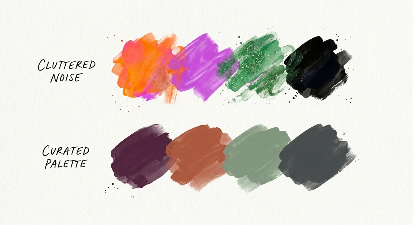 An illustration comparing a chaotic neon color palette to a sophisticated, earthy autumn color palette.
