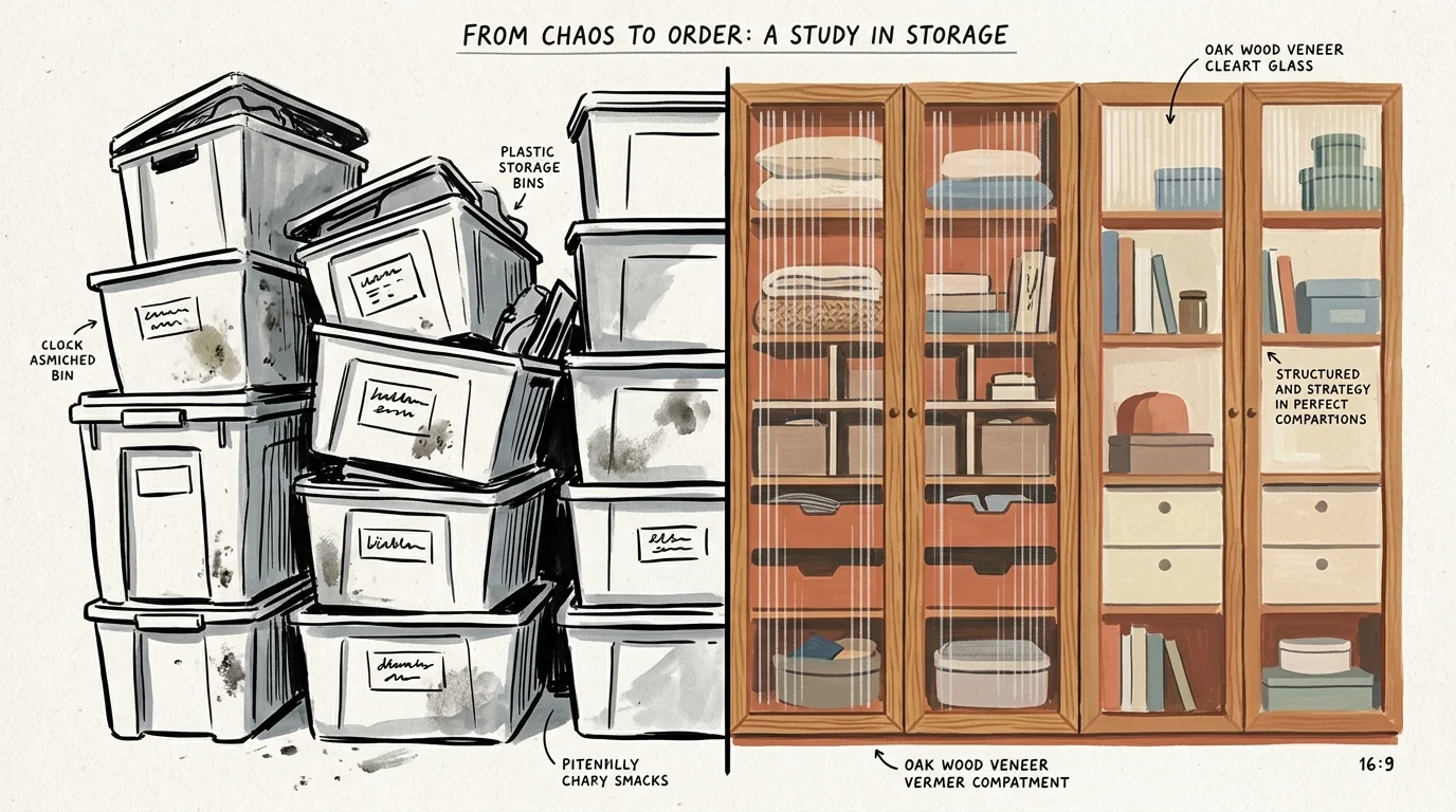 An illustration contrasting messy, stacked plastic storage bins on the left with elegant, glass-doored modular oak cabinetry on the right.