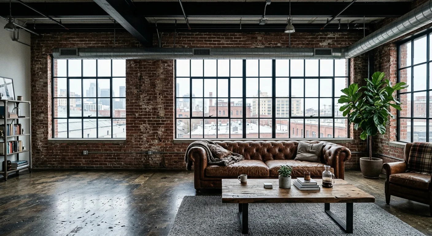 An industrial loft featuring a weathered brick wall, large factory windows, a cognac leather sofa, and exposed steel beams.