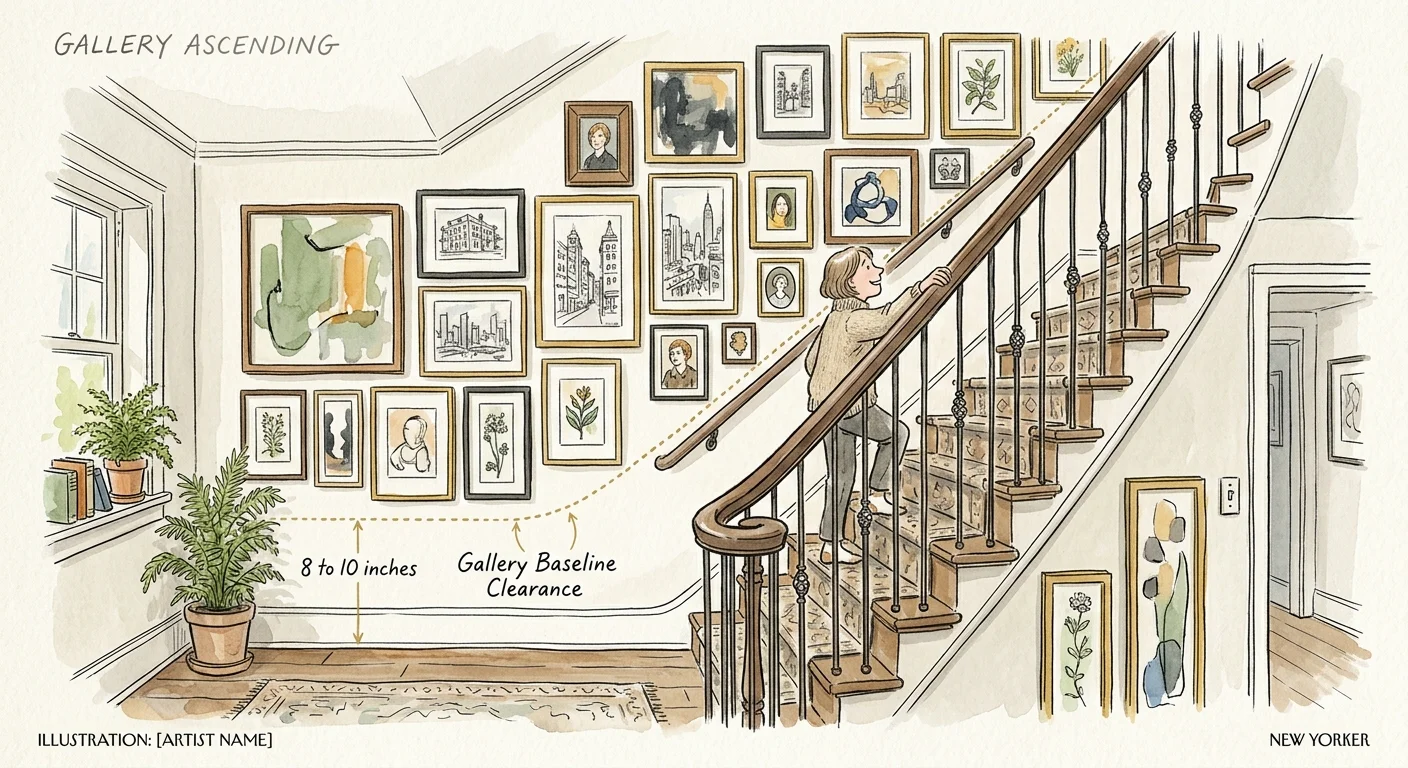 An ink and watercolor illustration of a staircase gallery wall with frames arranged parallel to the steps and labeled with an 8-to-10-inch c