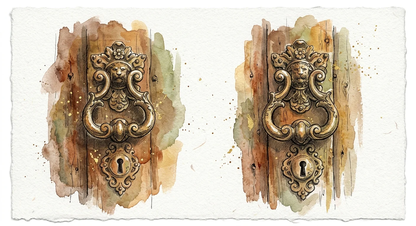 An ink and watercolor illustration of an ornate bronze door knocker on an oak door, showing artistic textures and warm metallic colors.