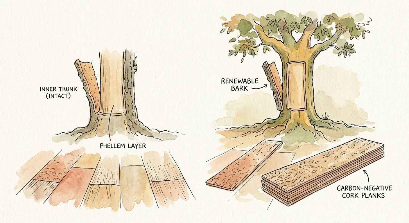 An ink and watercolor illustration showing a cork oak tree with harvested bark and organic cork flooring planks below.