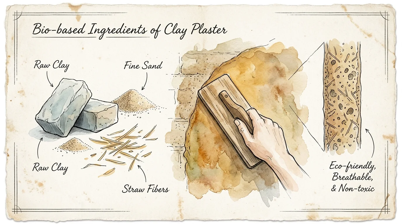 An ink and watercolor notebook illustration showing the natural components of clay plaster: clay, sand, and straw flecks.