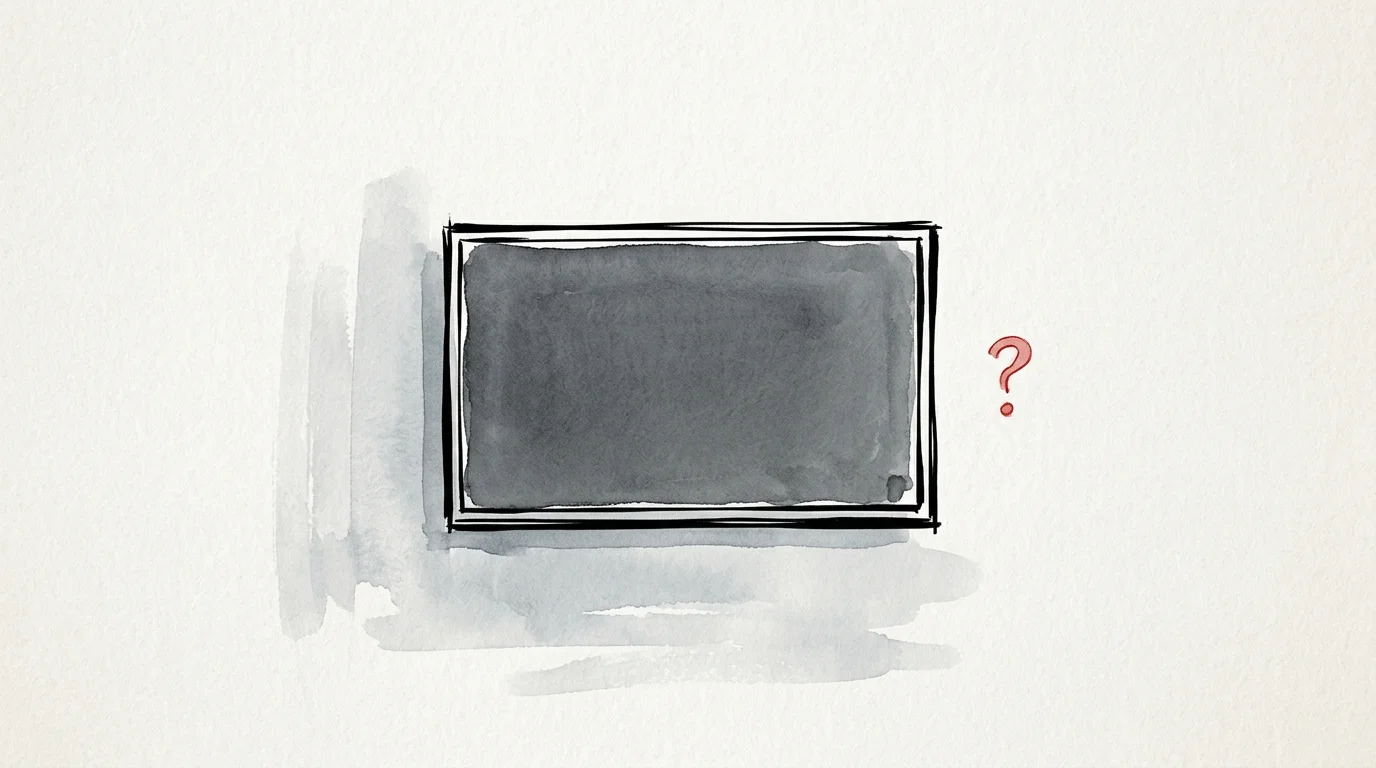 An ink illustration of a black TV mounted completely alone on a massive, empty white wall, looking unanchored and awkward.