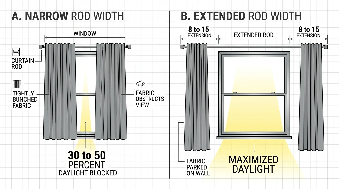 An instructional diagram showing how extending a curtain rod 8 to 15 inches wider prevents fabric from blocking window light.