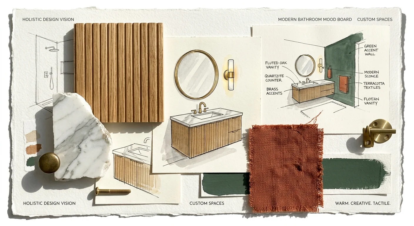 An interior design mood board collage featuring fluted wood, quartzite stone, a paint swatch, and hand-drawn bathroom sketches.