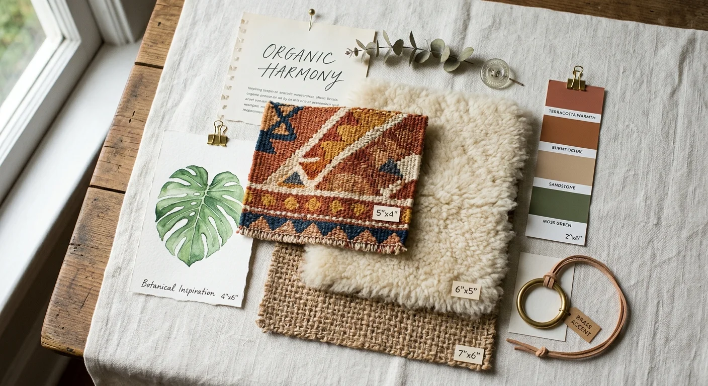 An interior design mood board collage featuring shearling wool samples, terracotta paint chips, jute fibers, and a botanical sketch.