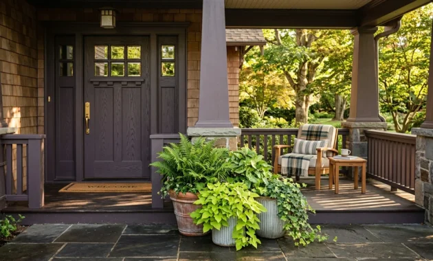 An inviting craftsman-style front porch featuring a charcoal-plum painted door, terracotta planters, and warm golden hour sunlight.