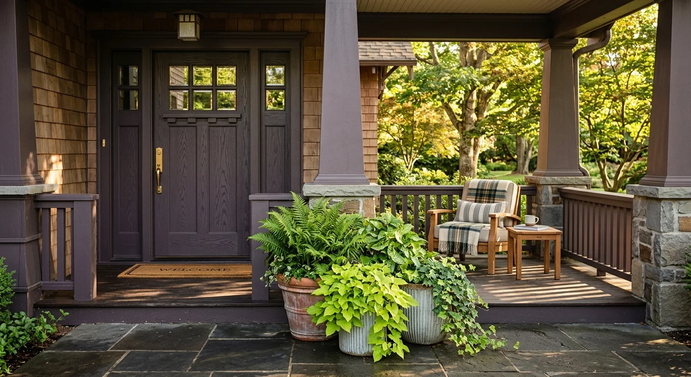 An inviting craftsman-style front porch featuring a charcoal-plum painted door, terracotta planters, and warm golden hour sunlight.
