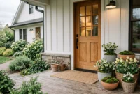 An inviting front porch with a warm wood door, decorated with a layered arrangement of spring planters and a woven jute doormat.