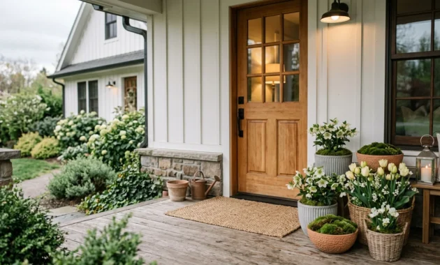 An inviting front porch with a warm wood door, decorated with a layered arrangement of spring planters and a woven jute doormat.
